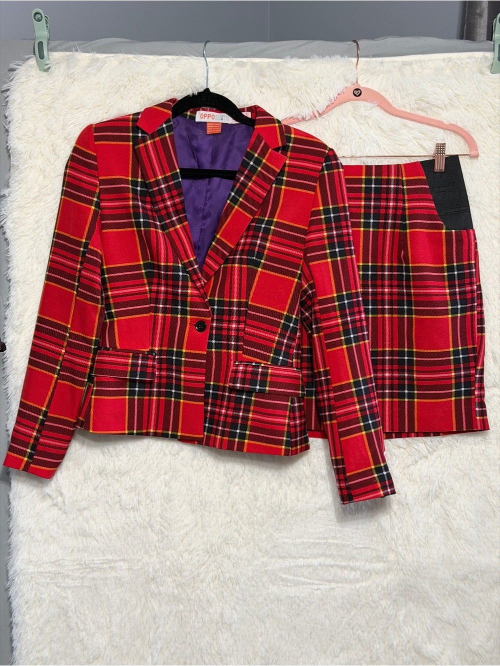 OppoSuits Womens Lumberjackie Blazer Suit Mini Skirt Set Size 8 Red Tartan Plaid